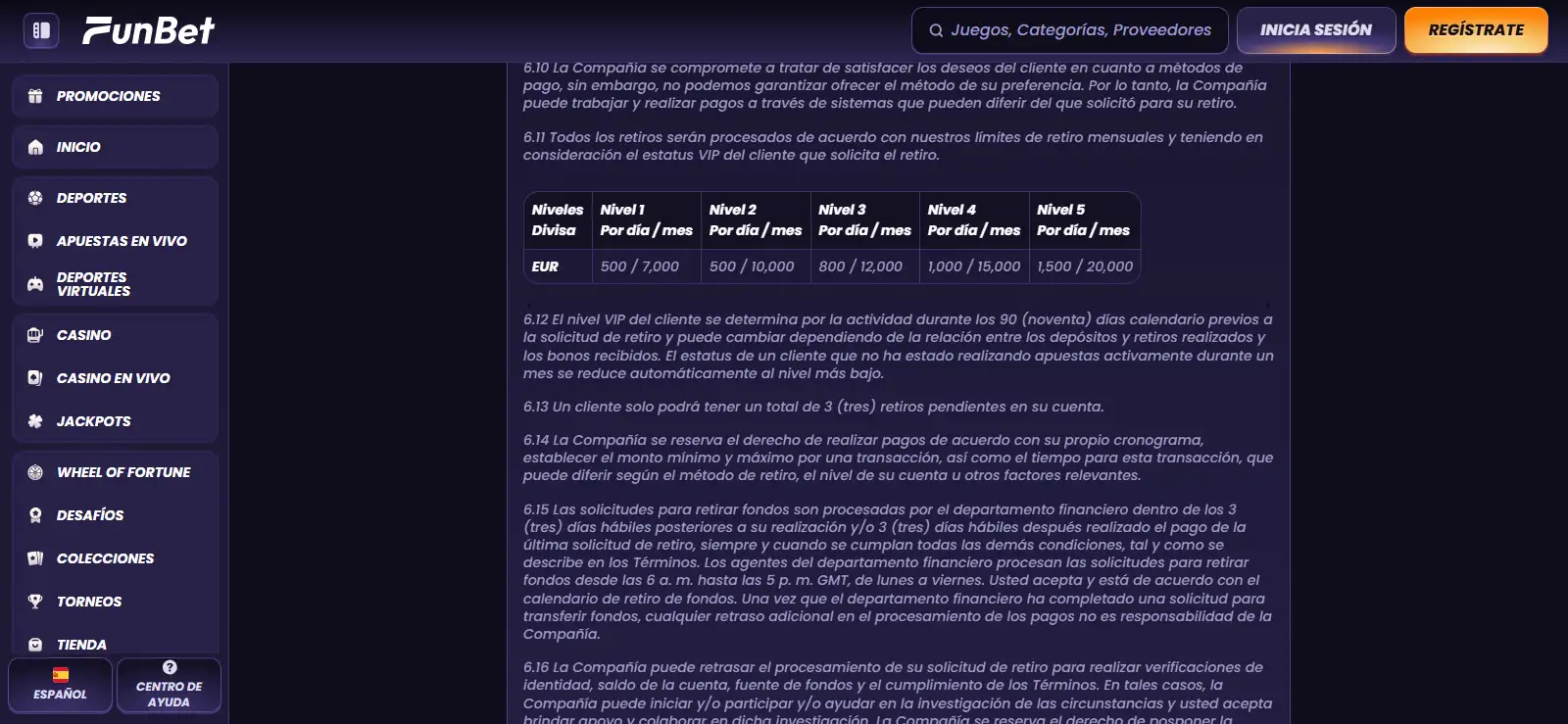 Términos oficiales de Funbet con límites y plazos de retirada