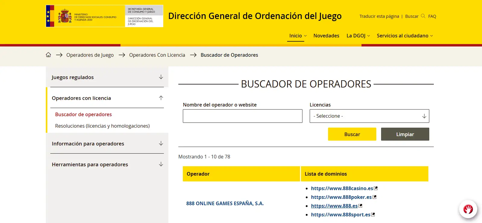 Buscador oficial de operadores con licencia de la DGOJ utilizado para comprobar Funbet