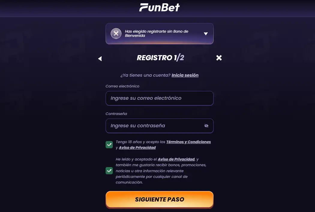 Flujo real de registro o verificación de cuenta de Funbet