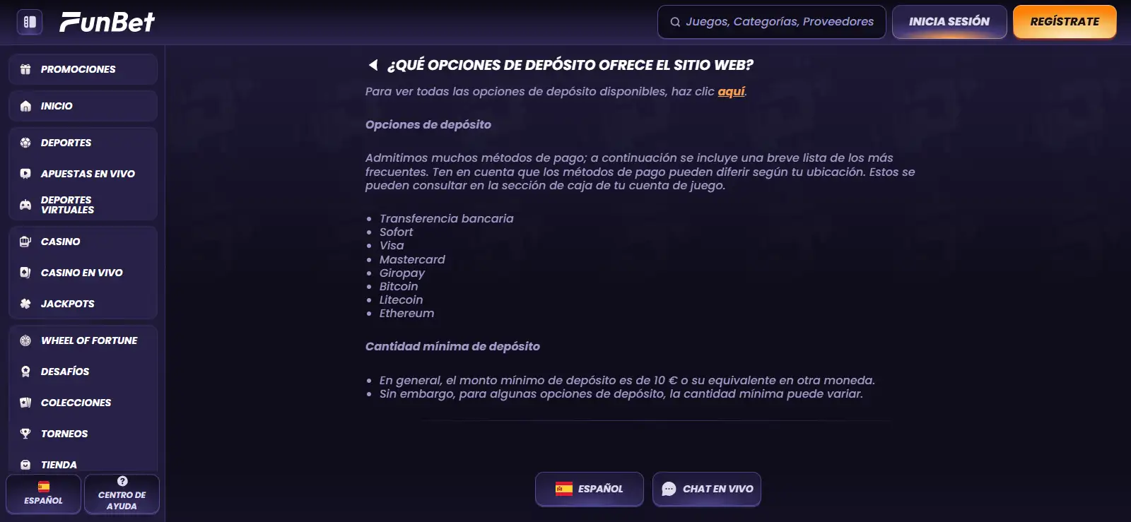Caja o métodos de pago reales de Funbet