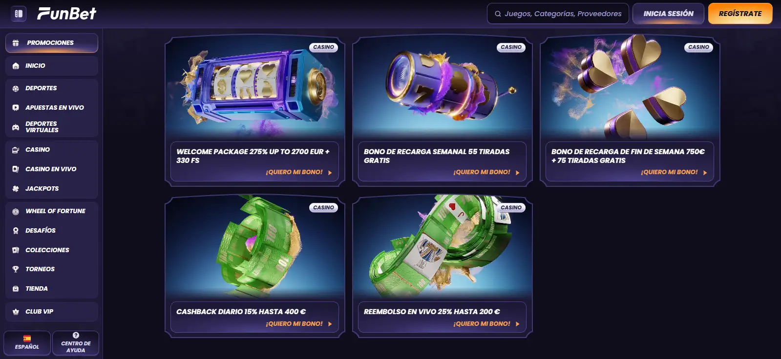 Oferta oficial de bienvenida de Funbet mostrada en la sección española de promociones