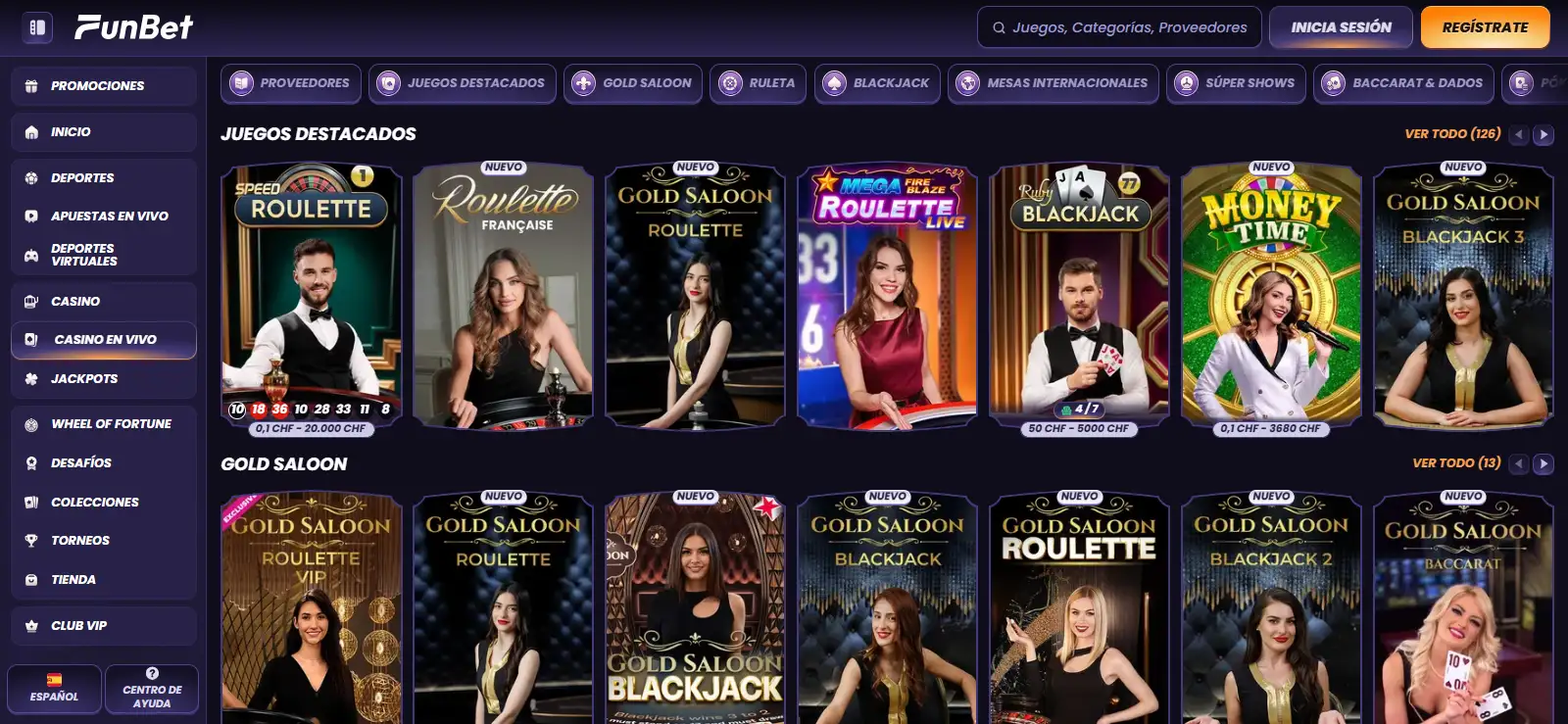 Lobby oficial del casino en vivo de Funbet en español