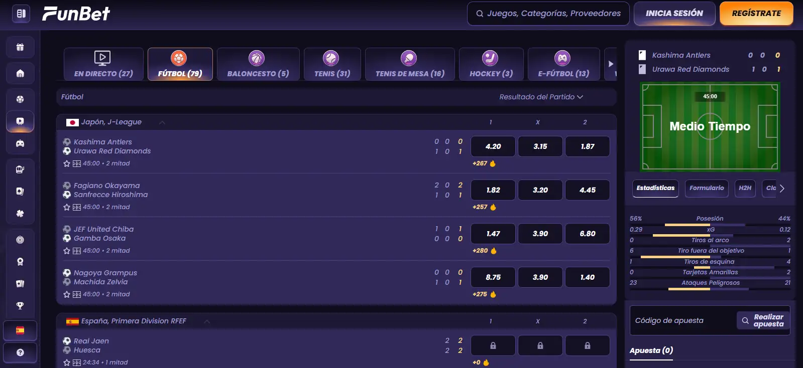 Interfaz oficial de apuestas en vivo de Funbet en español