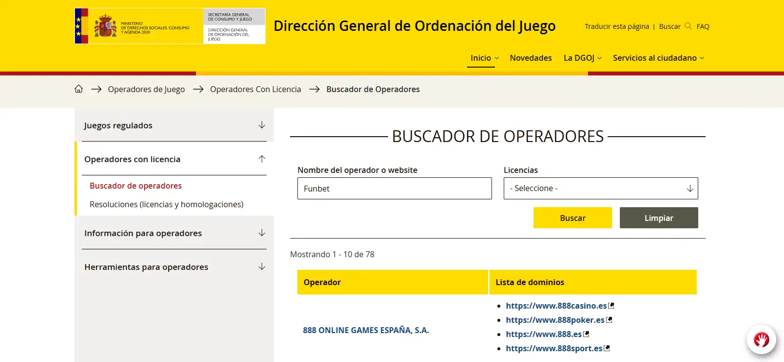Buscador oficial de operadores con licencia de la DGOJ